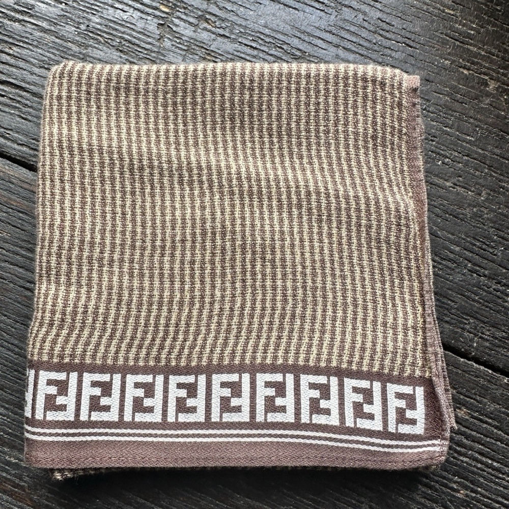 Vintage FENDI Brown FF Logo Border Cotton Handkerchief Pocket Square Italy
